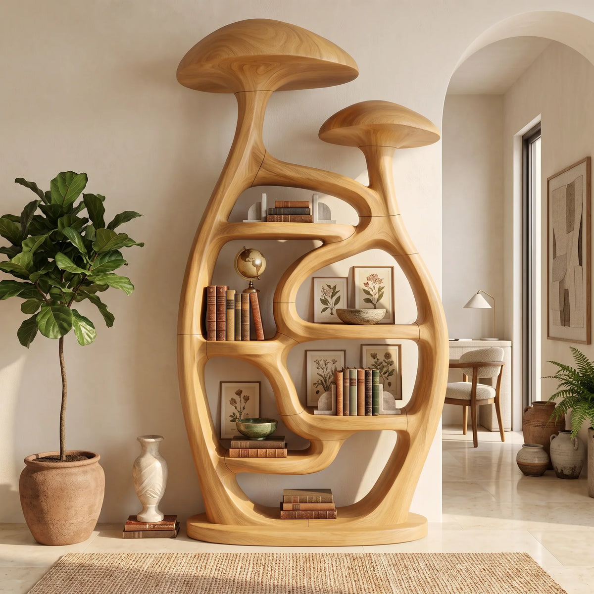 Mid Century Freestanding Mushroom Bookcase Living Room