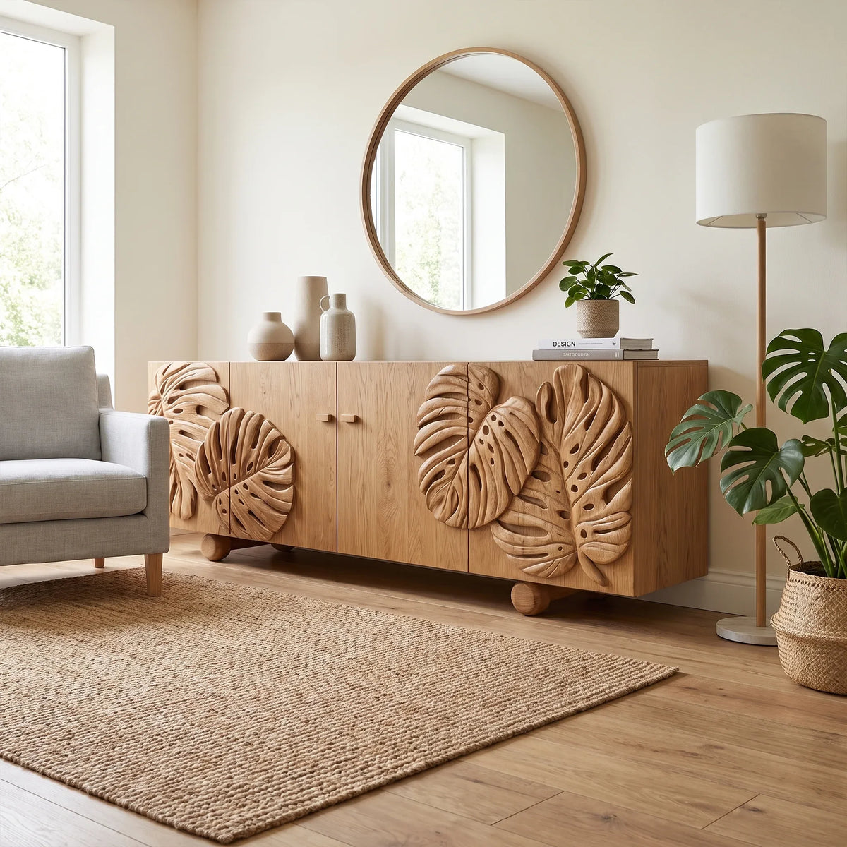 Botanical Sideboard Sideboard Storage Cabinet Modern Sideboard Tropical Leaf Carving For Living Room