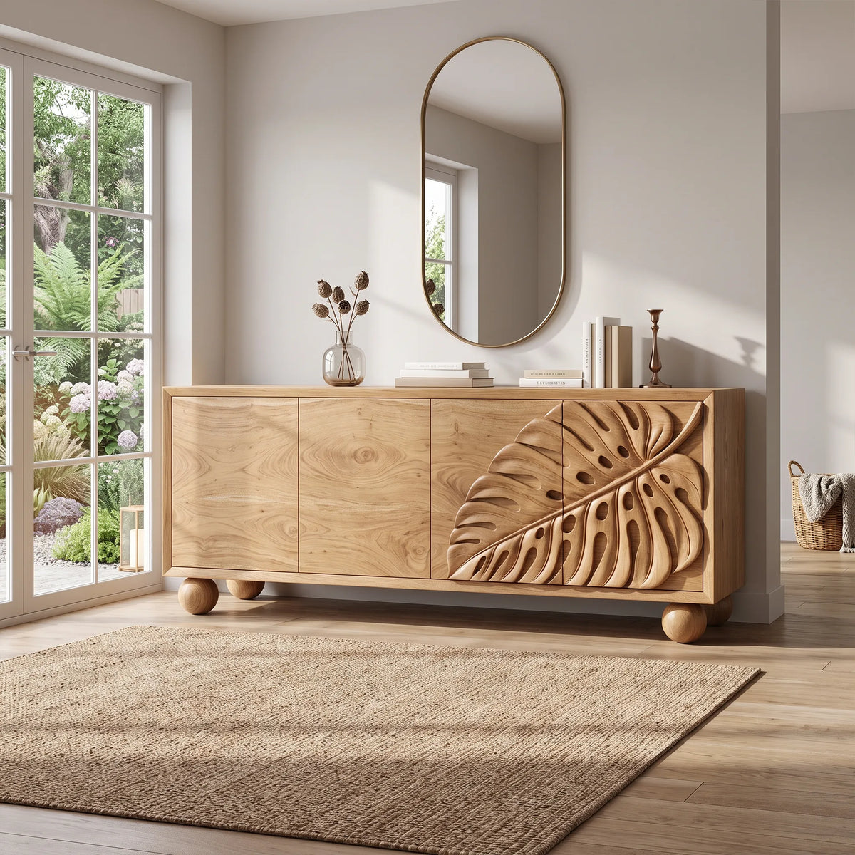 Serene Sideboard Cabinet Modern Sideboard Buffet Cabinet Monstera Carving For Living Room