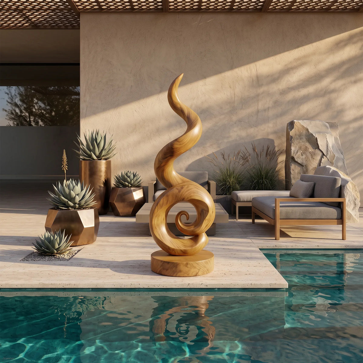 Coastal Spiral Wood Sculpture For Luxury Poolside Patio Decor