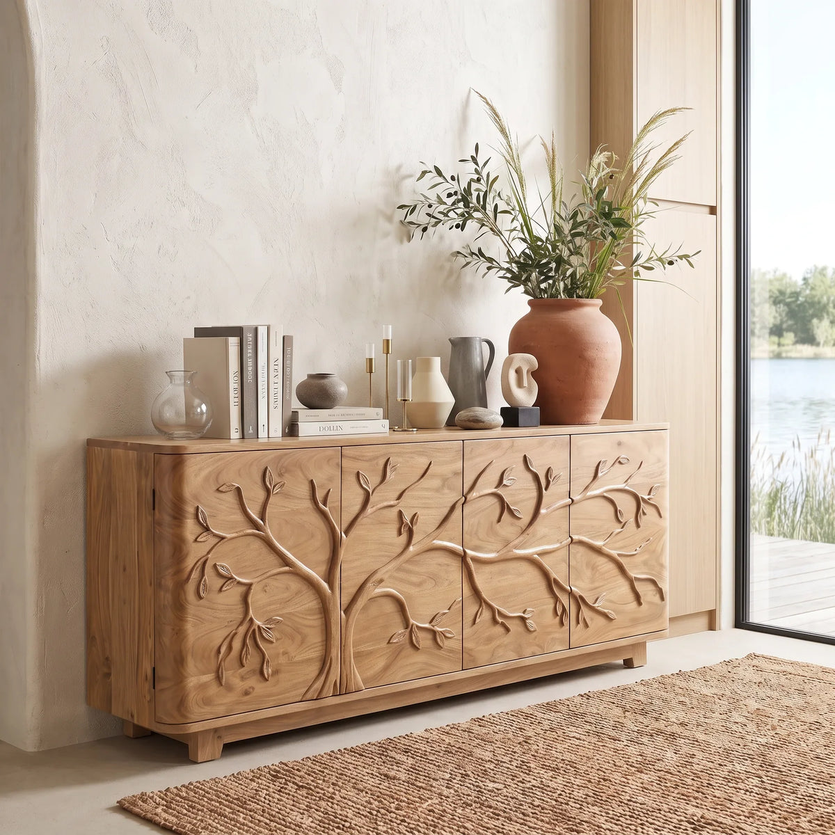 Handcrafted Tree Carved Sideboard Cabinet Dining Room