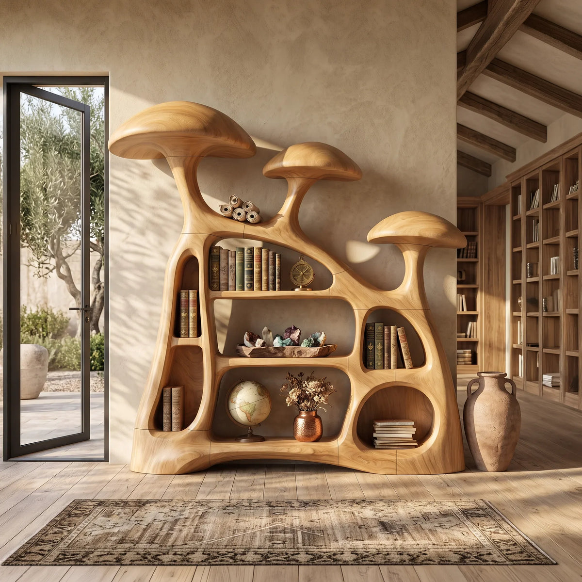 Modern Organic Mushroom Bookshelf Open Living Room