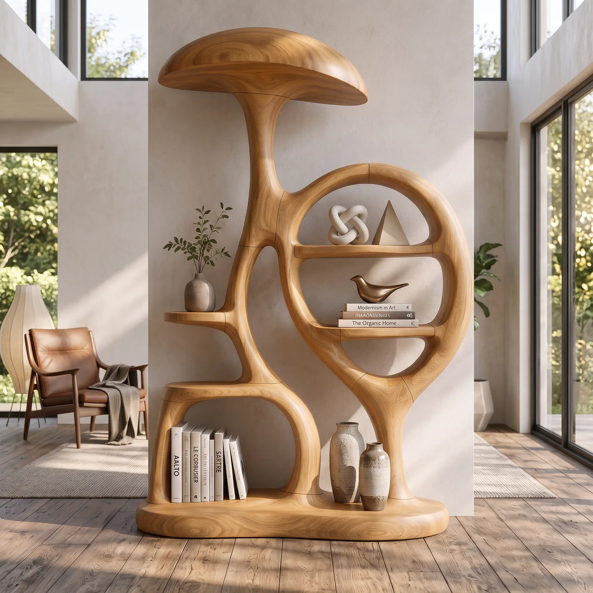 Contemporary Arched Mushroom Bookshelf Cozy Bedroom