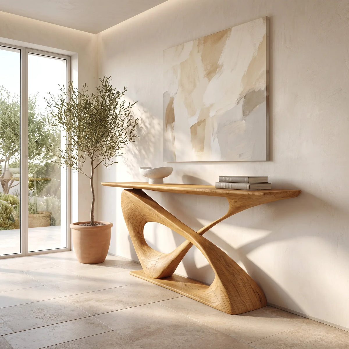 Modern Sculptural Console Table With Curved Base For Entryway