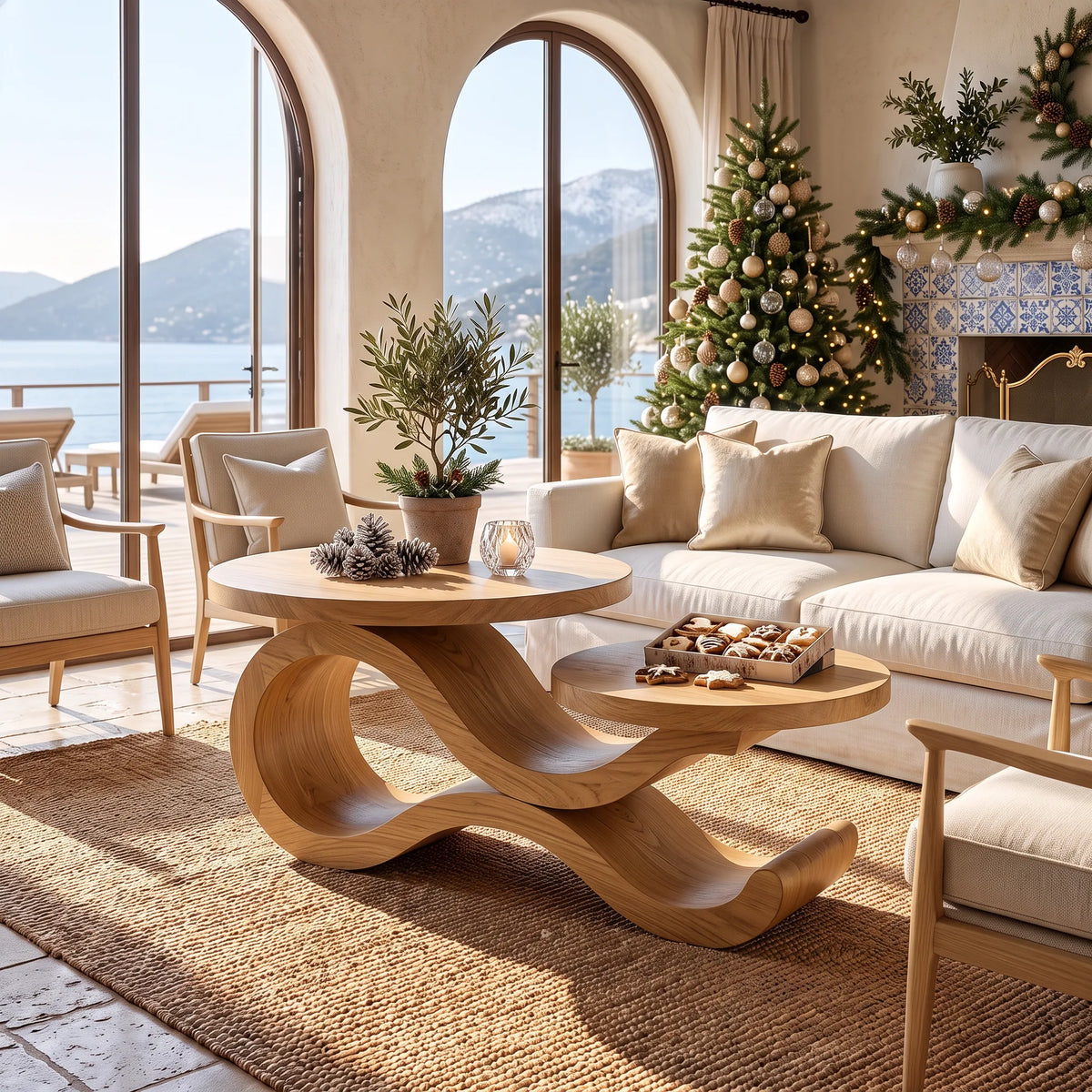 Handcrafted Xmas Round Coffee Table Mediterranean Living Room