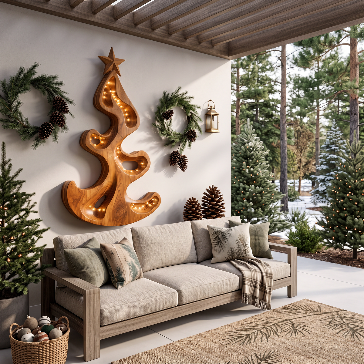 Rustic Christmas Wall Sculpture With Freeform Tree Design For Entryway