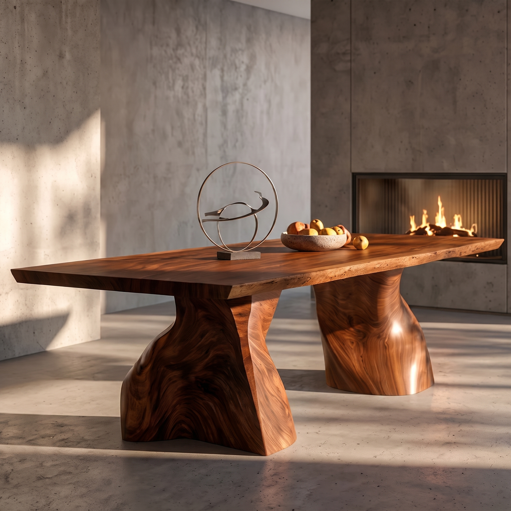 Modern Live Edge Dining Table With Sculptural Tree Trunk Base For Dining Room