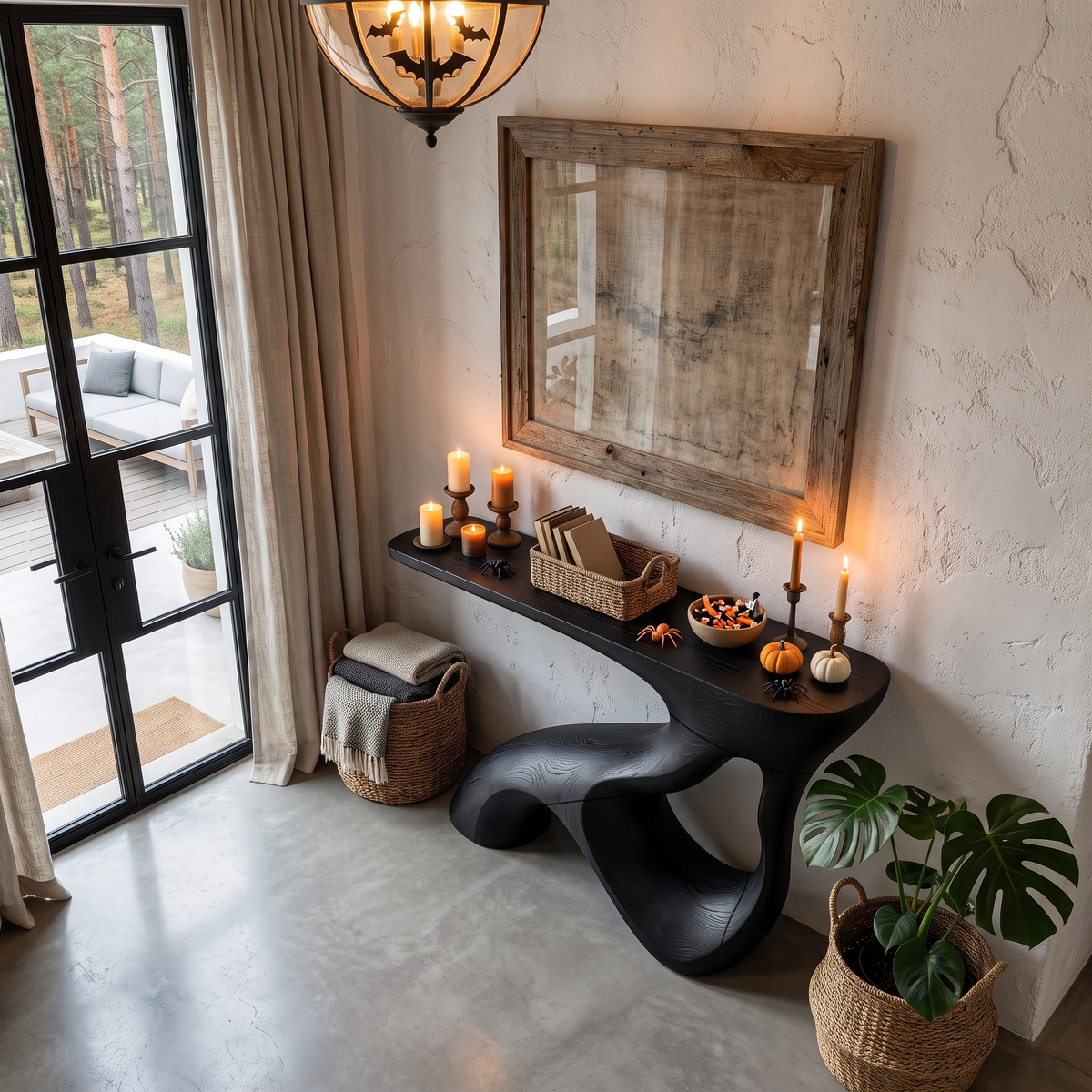 Rustic Halloween Console Table With Branch Inspired Hollow Base For Living Room
