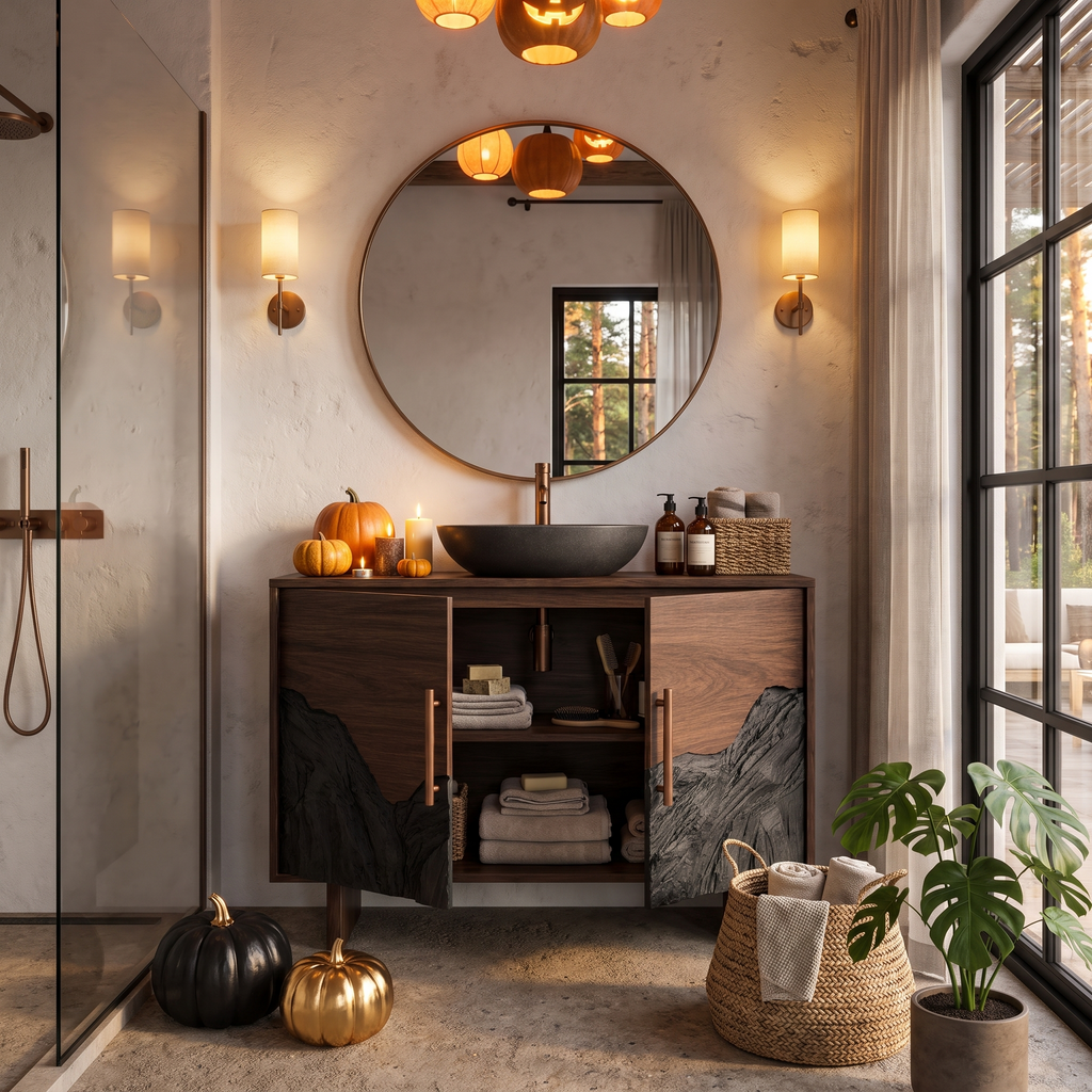 Rustic Halloween Bathroom Vanity Cabinet With Haunted Mountain Design For Bathroom