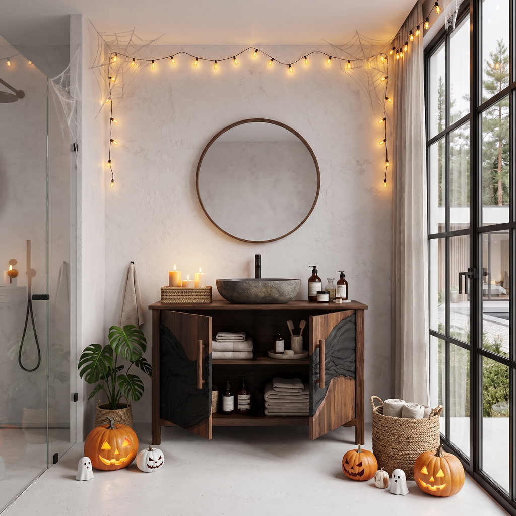 Modern Halloween Vessel Sink Vanity With Dark Mountain Relief For Bathroom