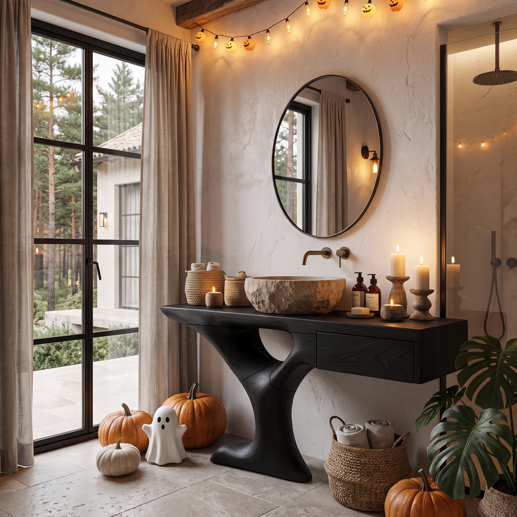 Rustic Halloween Vessel Sink Vanity With Sculptural Tree Frame For Bathroom