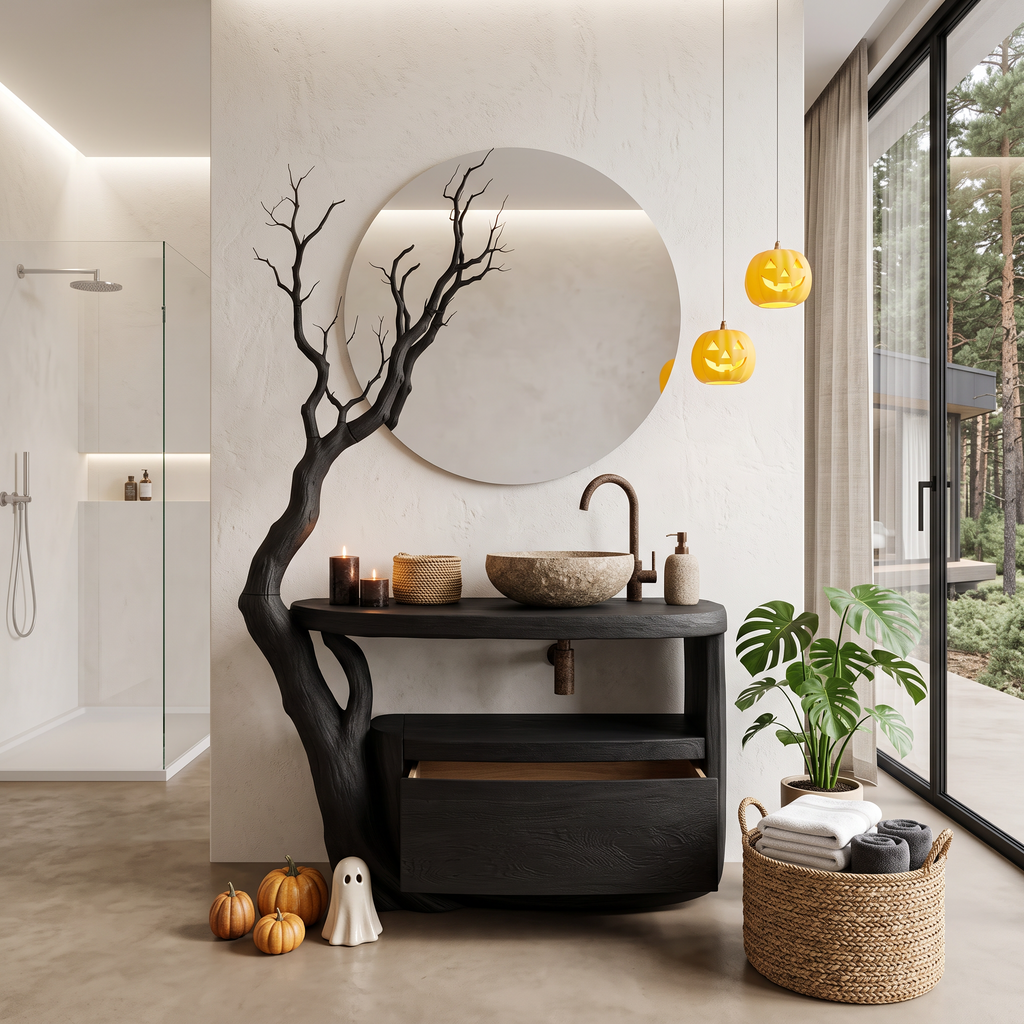 Natural Halloween Tree Bathroom Vanity With Open Shelf Storage For Bathroom