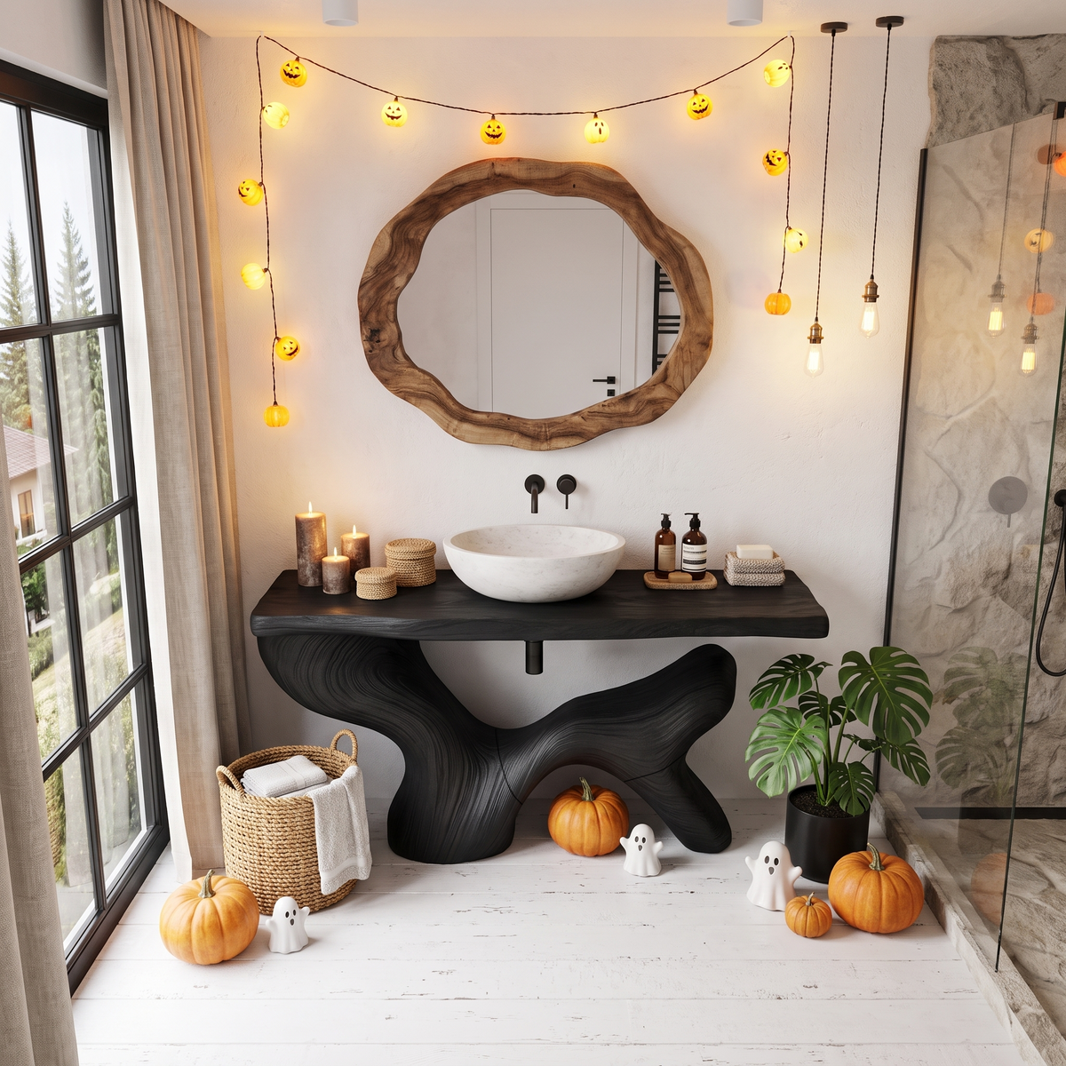 Modern Halloween Bathroom Sink Cabinet With Dark Branch Design For Bathroom