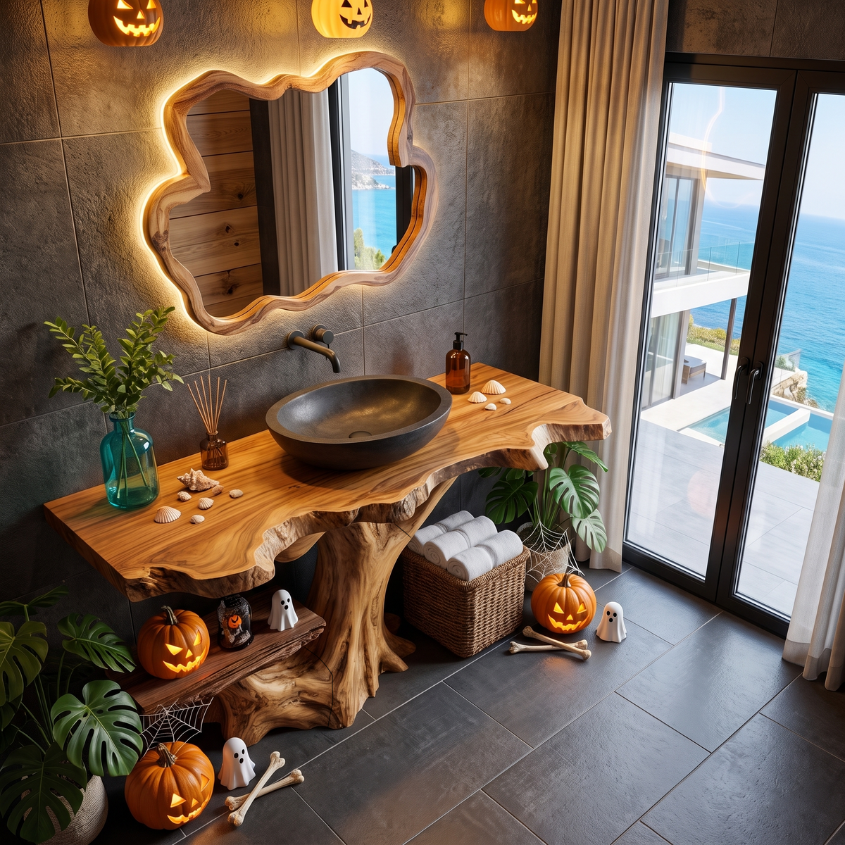 Rustic Halloween Bathroom Vanity With Live Edge Top And Tree Trunk Base For Bathroom
