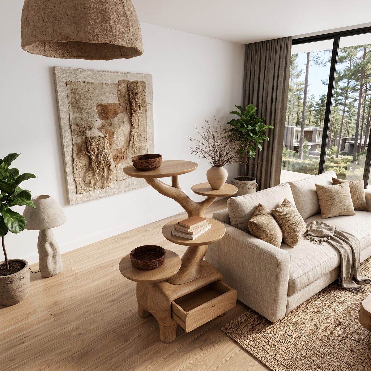 Natural Sculptural Side Table With Branch Display Shelves For Living Room