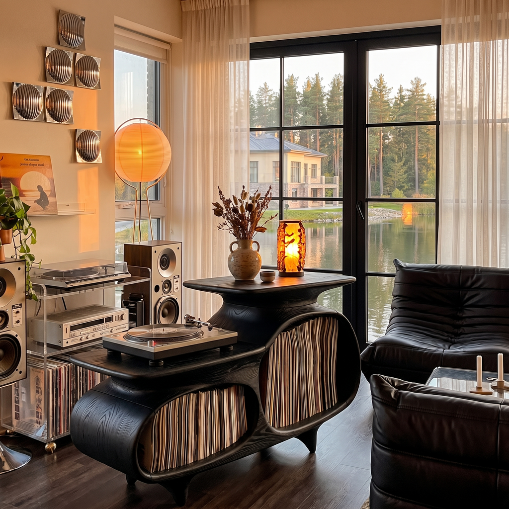 Modern Media Console With Vinyl Storage And Curved Display Compartments For Entryway
