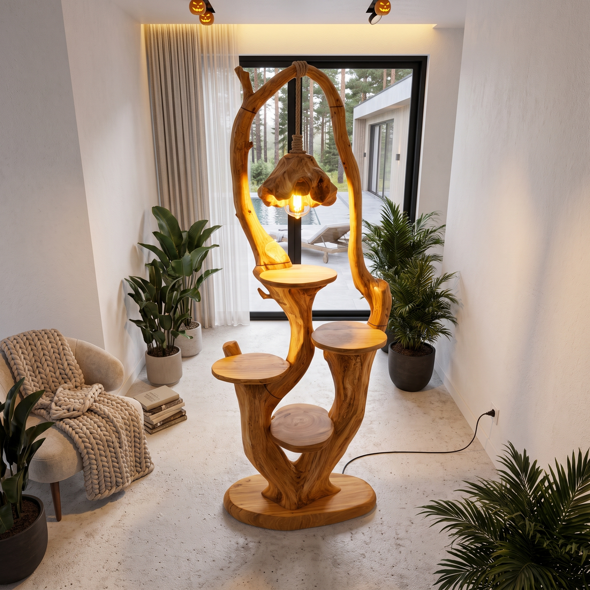 Rustic Halloween Tree Plant Stand With Hanging Lantern Canopy For Entryway