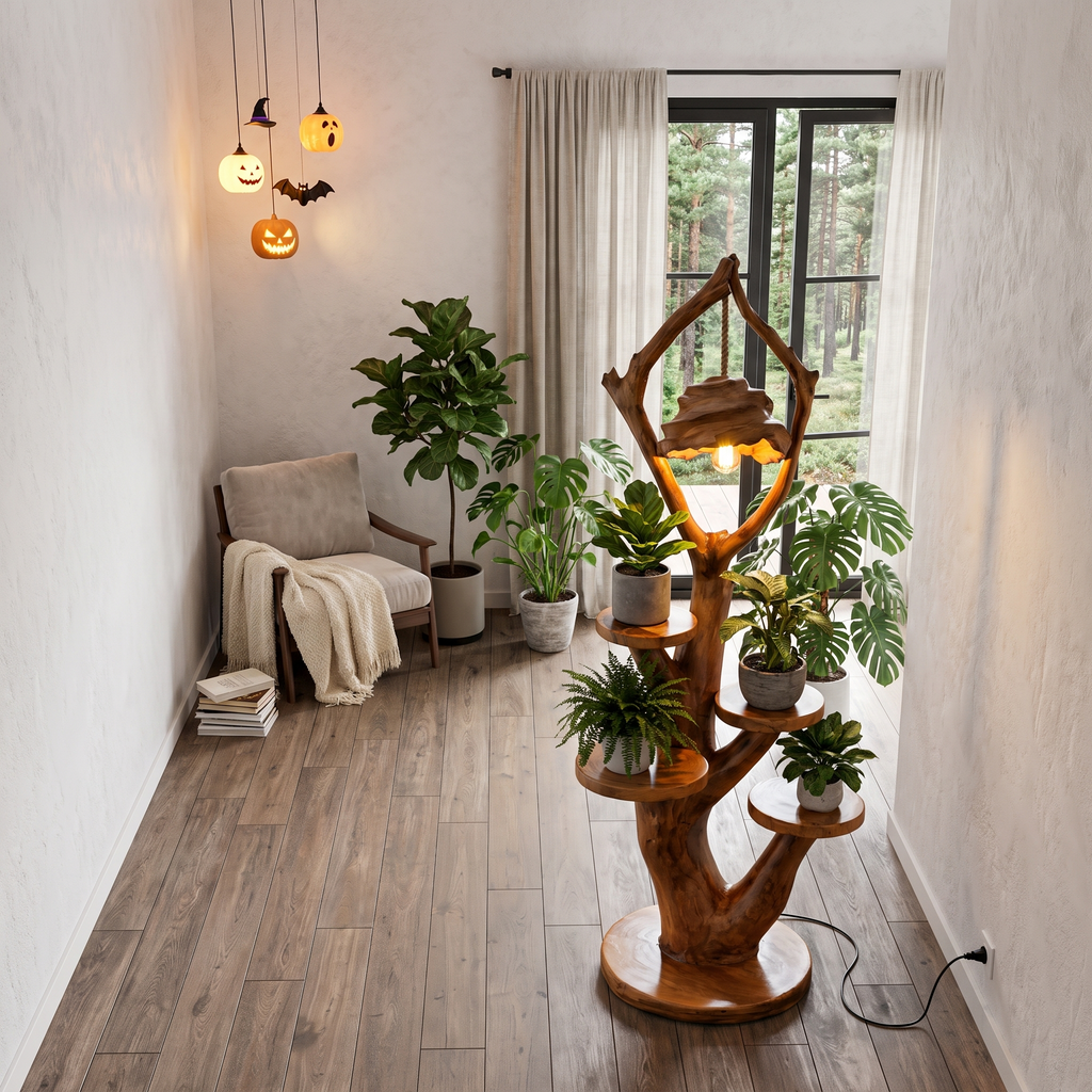 Modern Halloween Multi Tier Plant Stand With Sculptural Branch Shelves For Sunroom