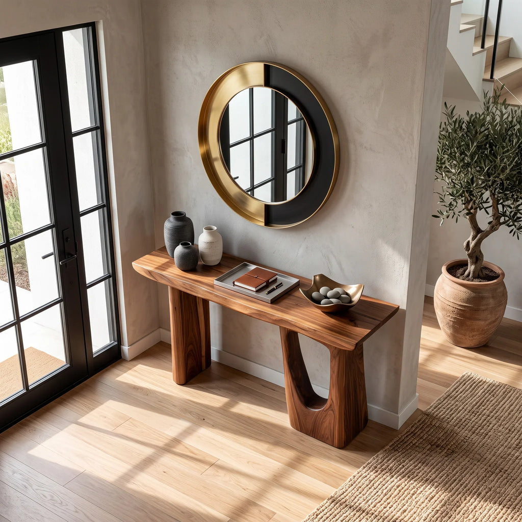 Contemporary Sculptural Console Table With Pedestal Legs For Entryway