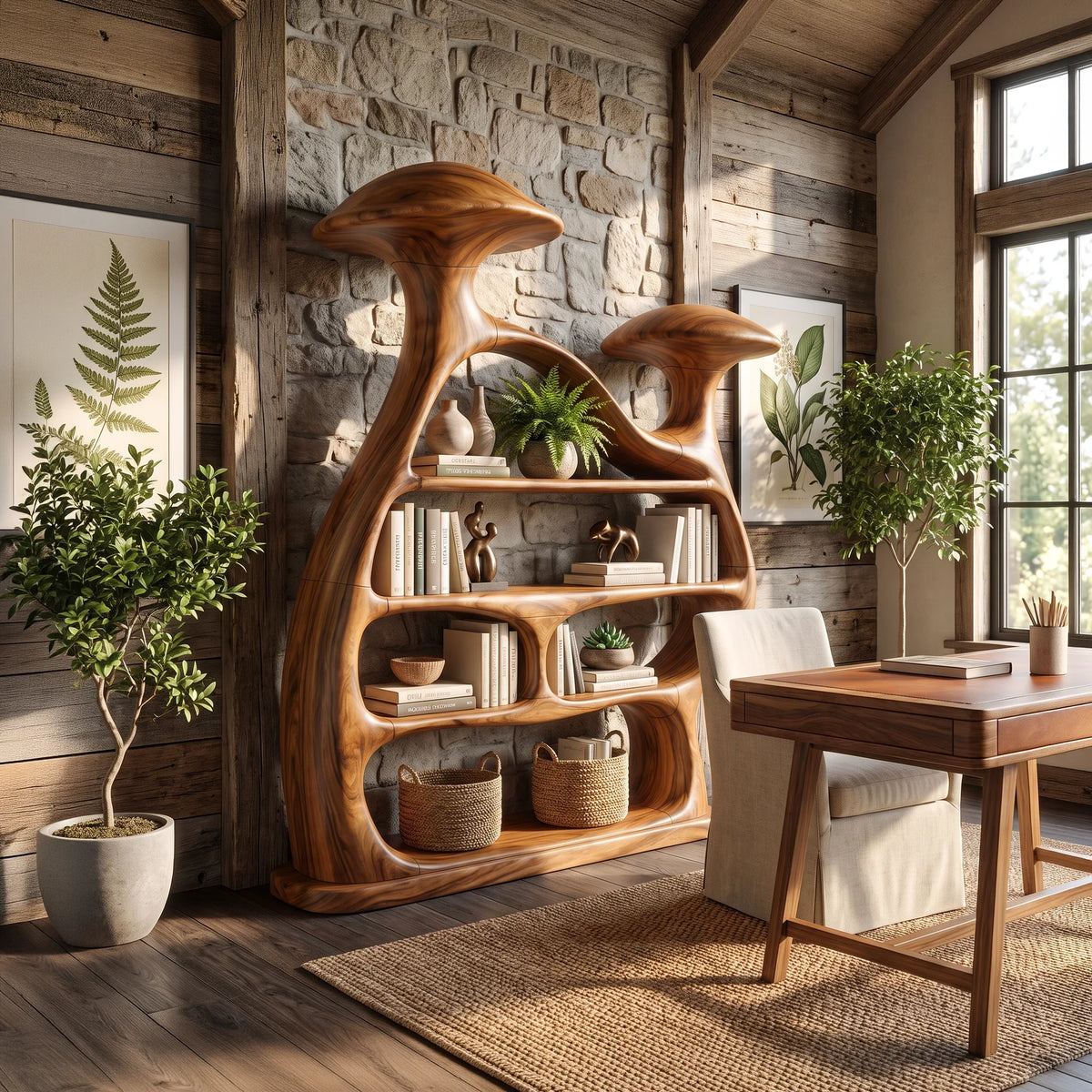 Organic Wide Mushroom Bookcase Modern Living Room