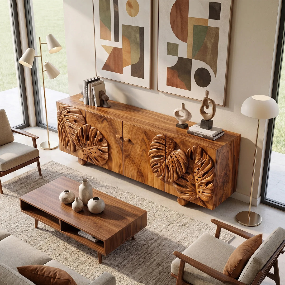 Botanical Sideboard Sideboard Storage Cabinet Modern Sideboard Tropical Leaf Carving For Living Room