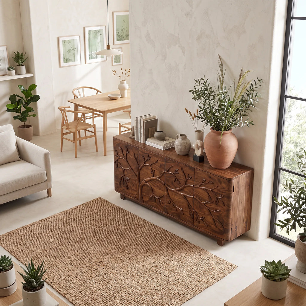 Handcrafted Tree Carved Sideboard Cabinet Dining Room
