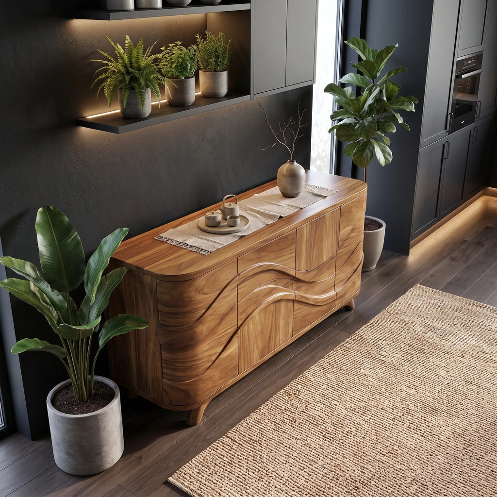 Handcrafted Wave Carved Sideboard Cabinet Living Room