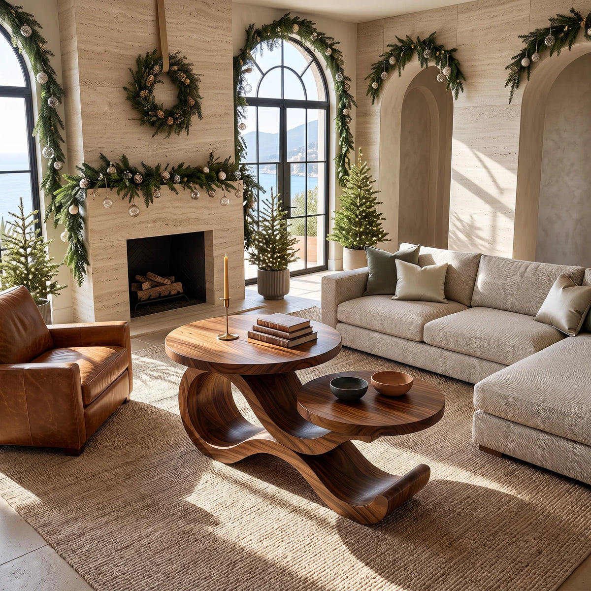 Handcrafted Xmas Round Coffee Table Mediterranean Living Room