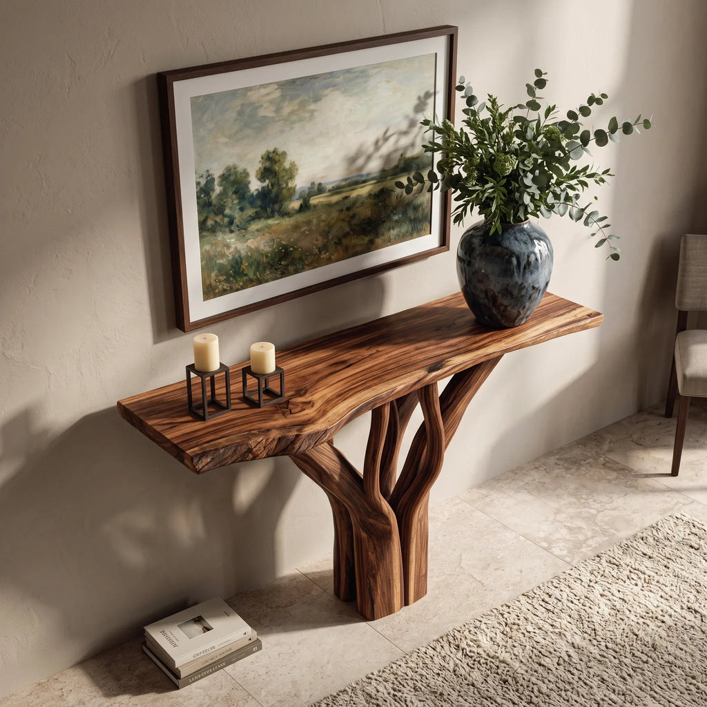 Organic Sculptural Console Table With Pedestal Base For Entryway