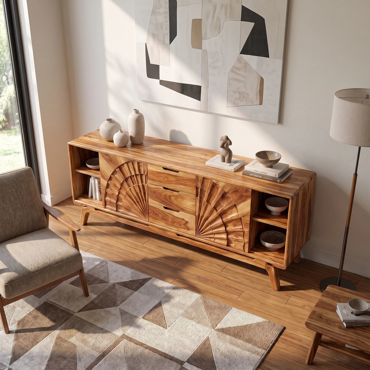 Sculptural Sideboard Cabinet Dining Sideboard Buffet Cabinet Fan Carving For Living Room