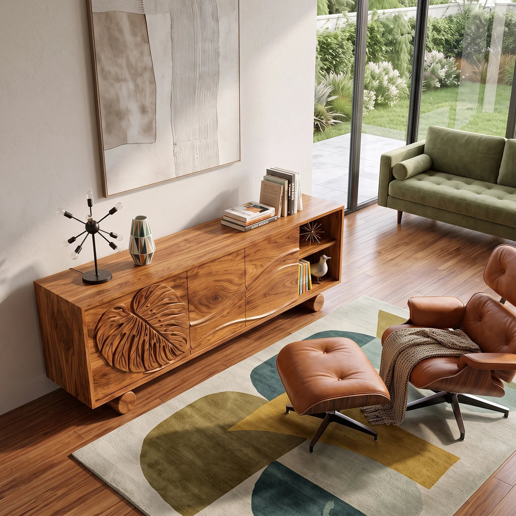 Organic Sideboard Cabinet Modern Sideboard Buffet Cabinet Monstera Carving For Living Room