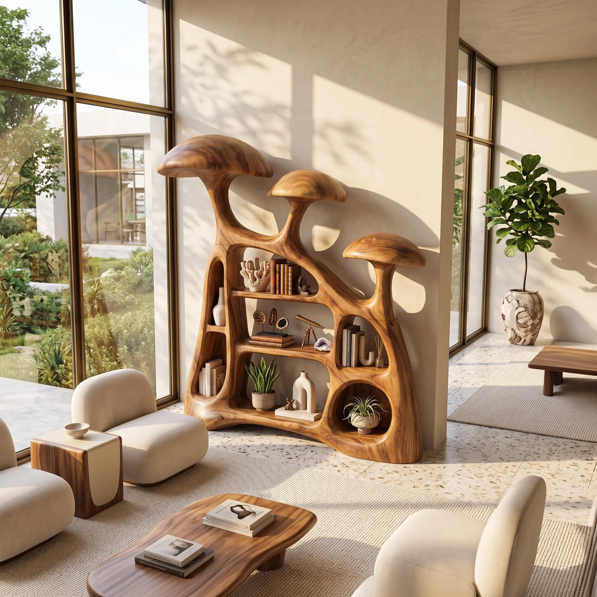 Modern Organic Mushroom Bookshelf Open Living Room