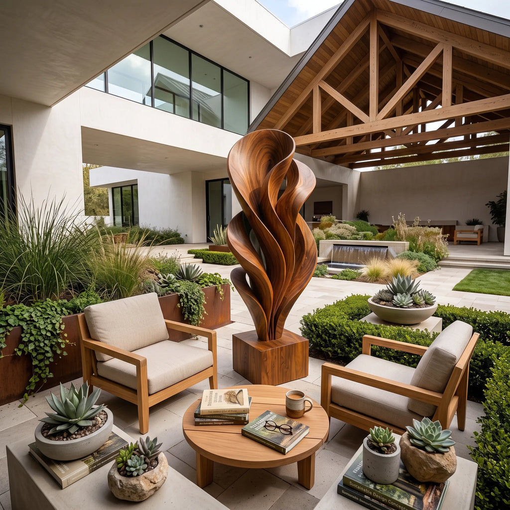 Rustic Organic Leaf Wood Sculpture For Outdoor Garden Decor