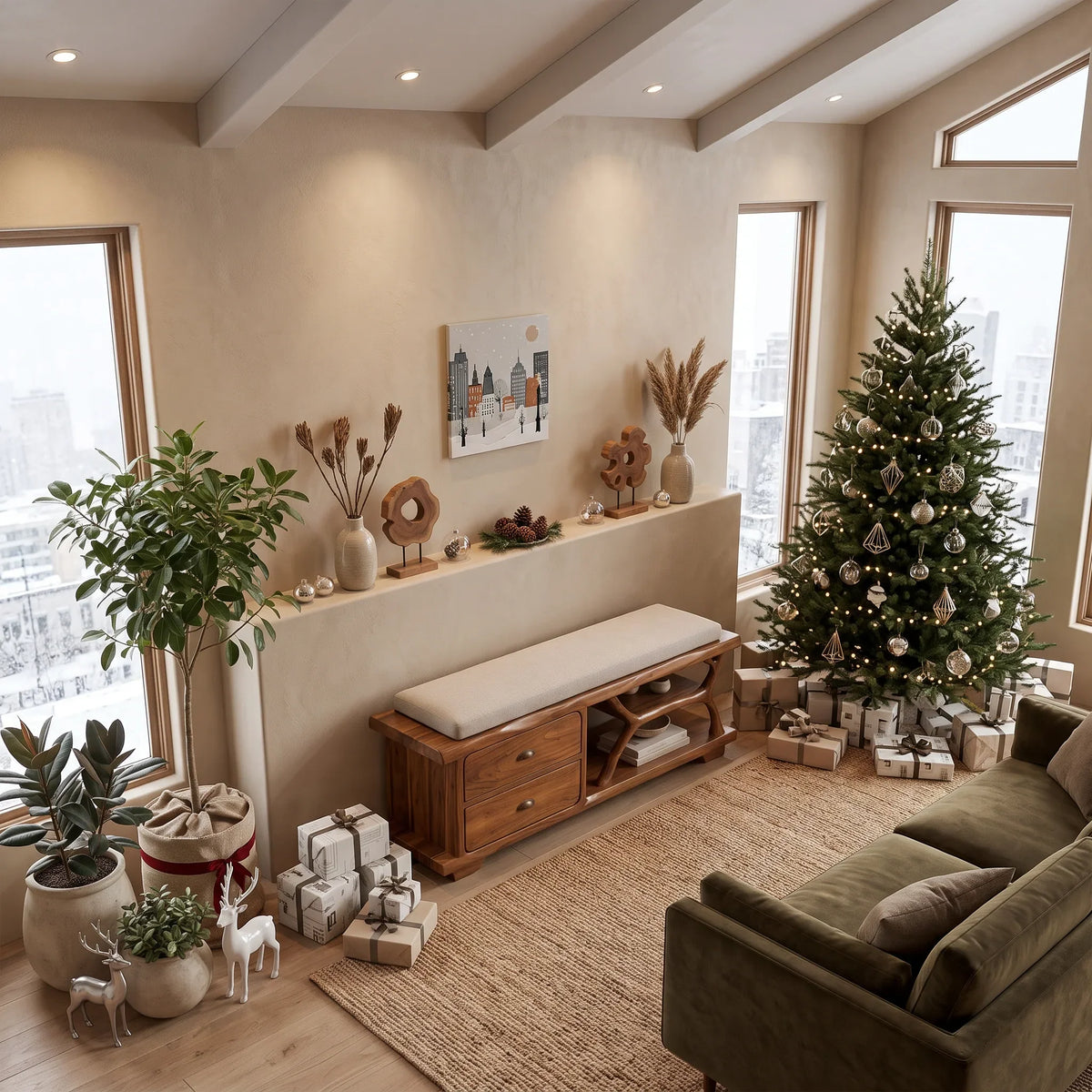 Modern Christmas Storage Bench Reindeer Living Room Decor