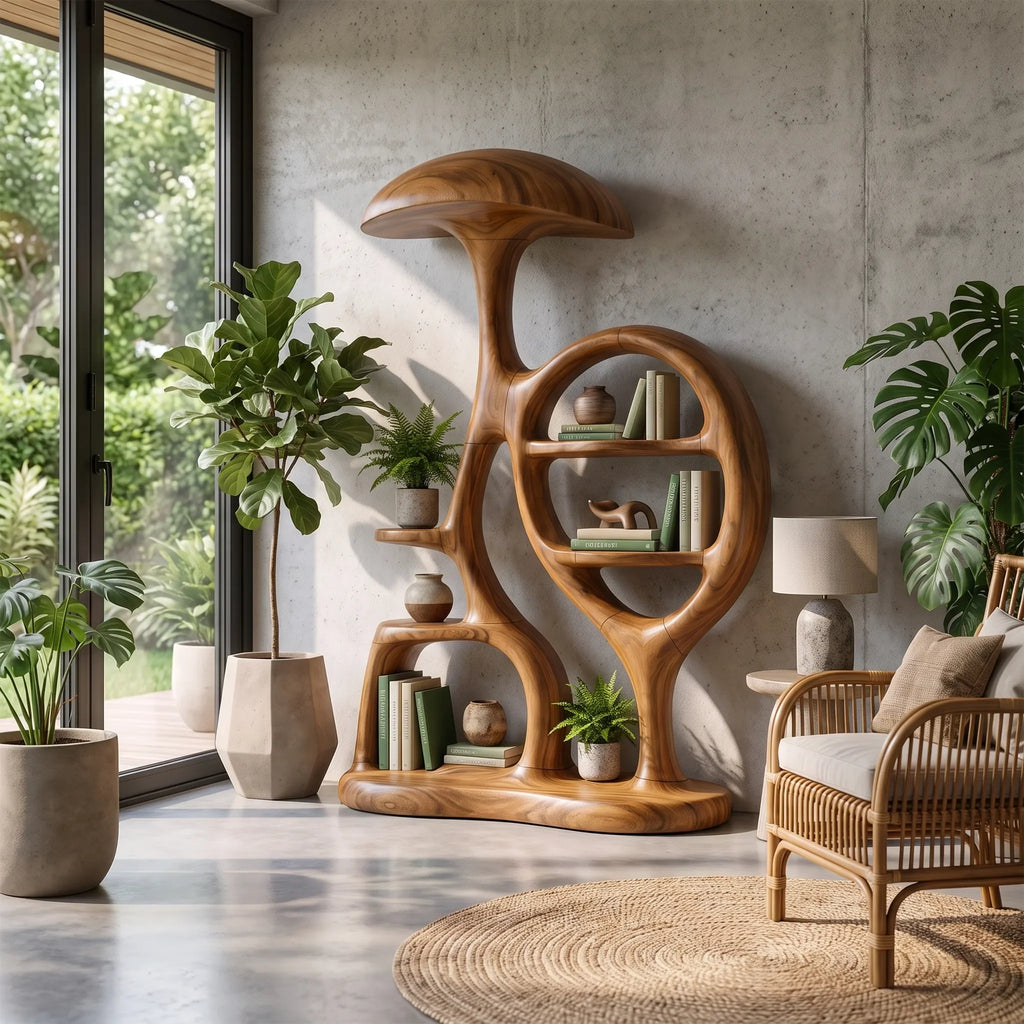 Contemporary Arched Mushroom Bookshelf Cozy Bedroom