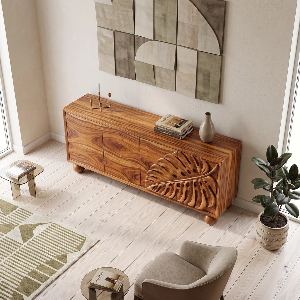 Serene Sideboard Cabinet Modern Sideboard Buffet Cabinet Monstera Carving For Living Room