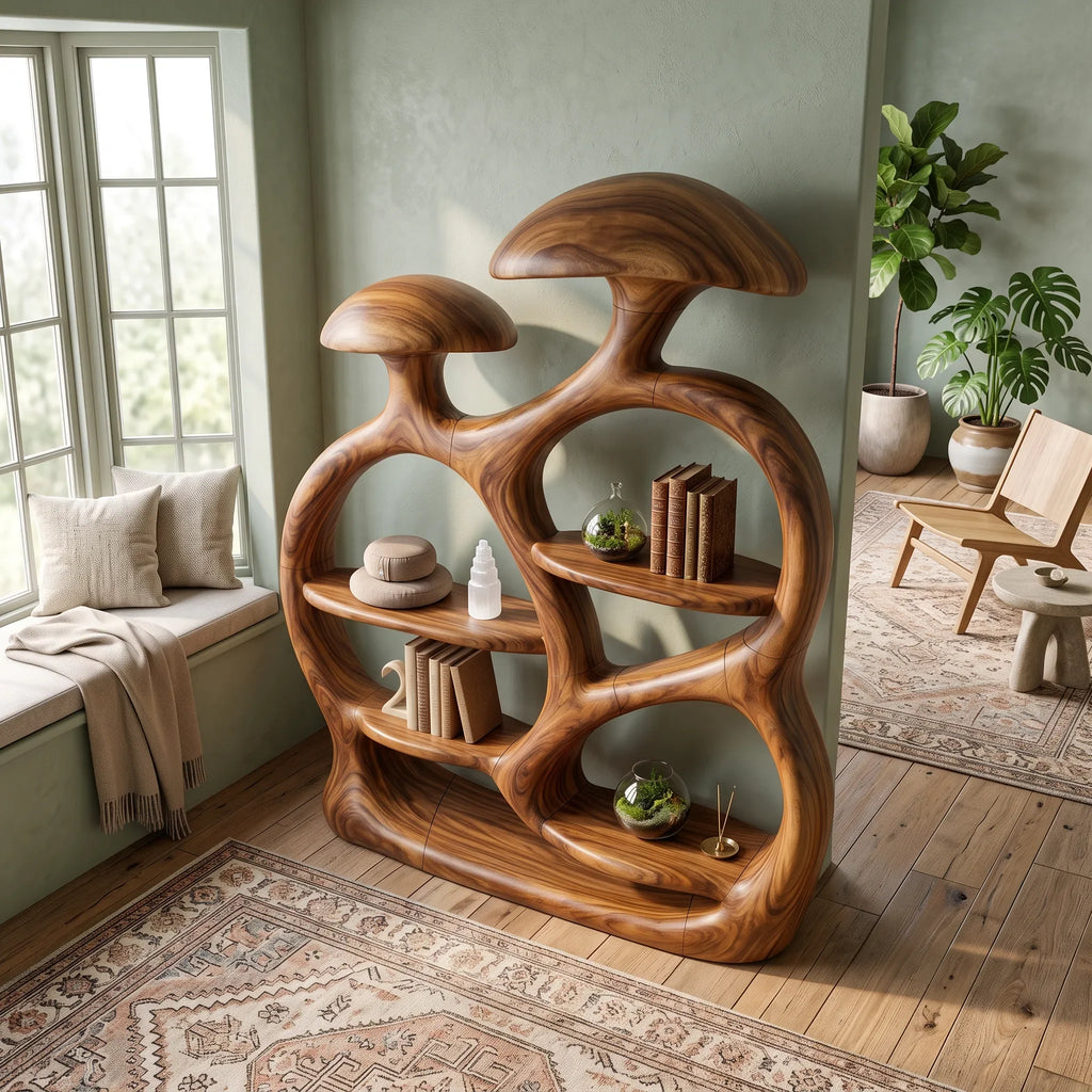 Contemporary Arched Mushroom Bookshelf Open Living Room