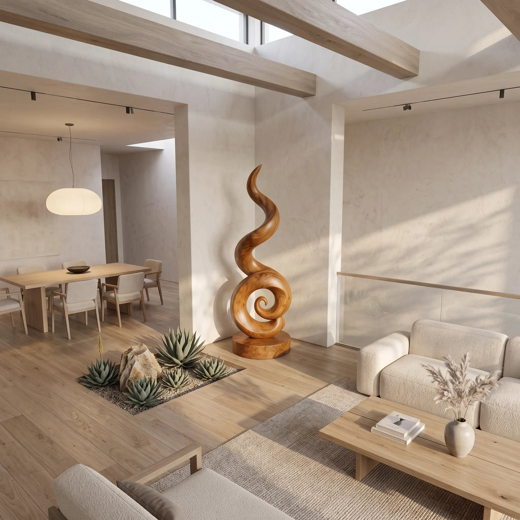 Coastal Spiral Wood Sculpture For Luxury Poolside Patio Decor