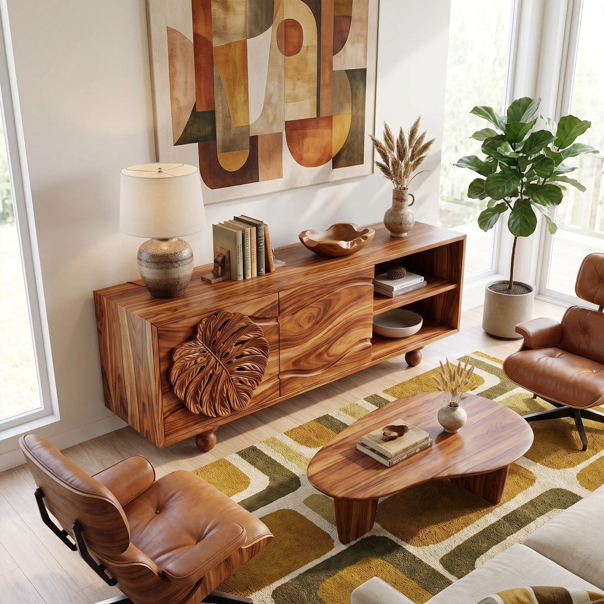 Organic Sideboard Sideboard Cabinet Modern Sideboard Leaf Carving Open Storage For Living Room