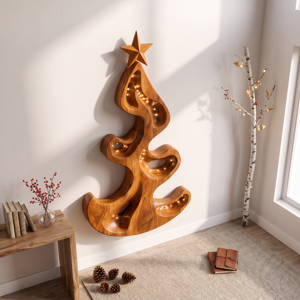 Rustic Christmas Wall Sculpture With Freeform Tree Design For Entryway