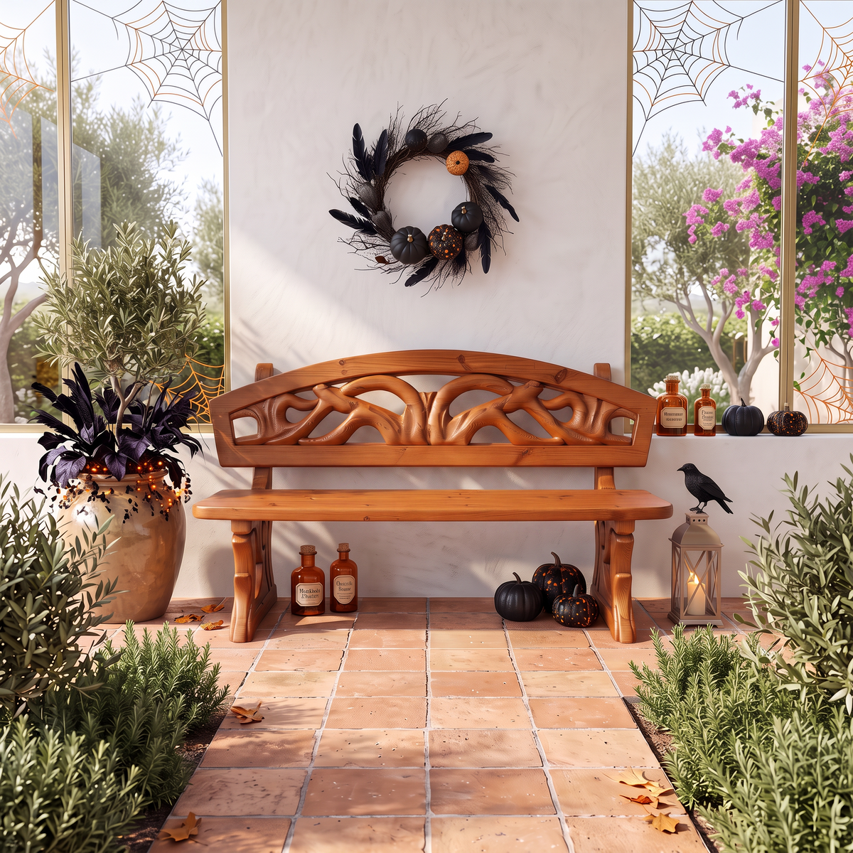 Gothic Halloween Outdoor Bench With Twisted Tree Design For Garden