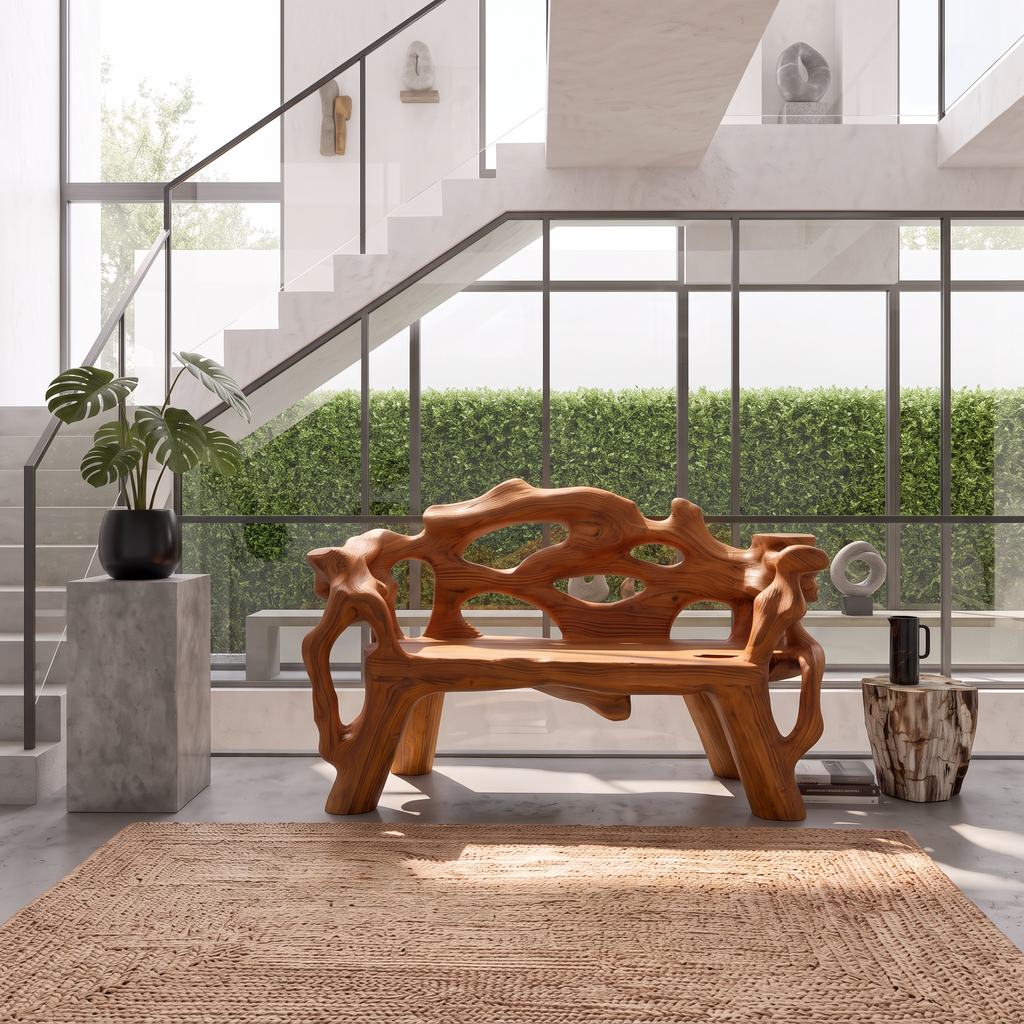Organic Halloween Patio Bench With Interwoven Tree Inspired Frame For Garden