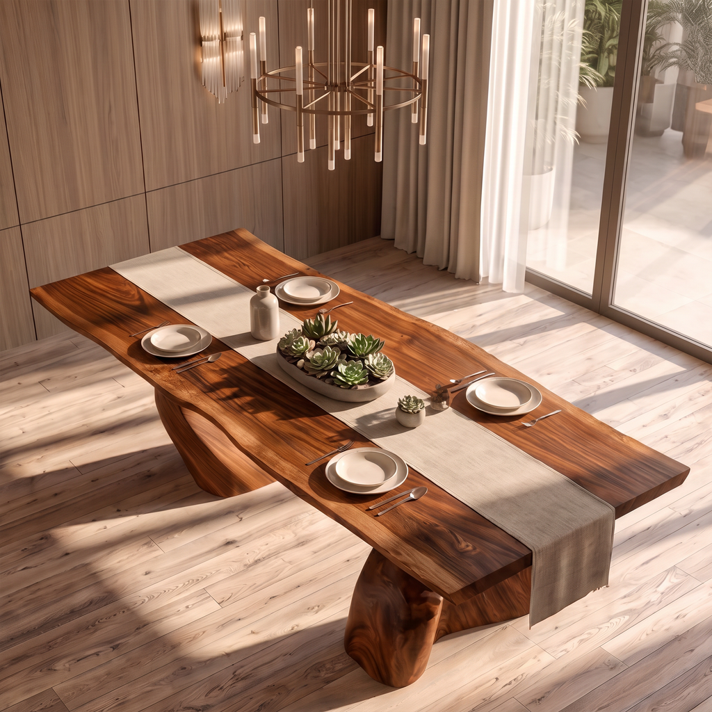 Modern Live Edge Dining Table With Sculptural Tree Trunk Base For Dining Room