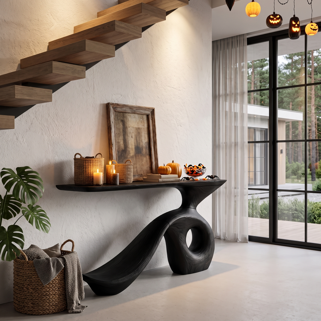 Modern Halloween Entryway Table With Sculptural Open Frame For Hallway