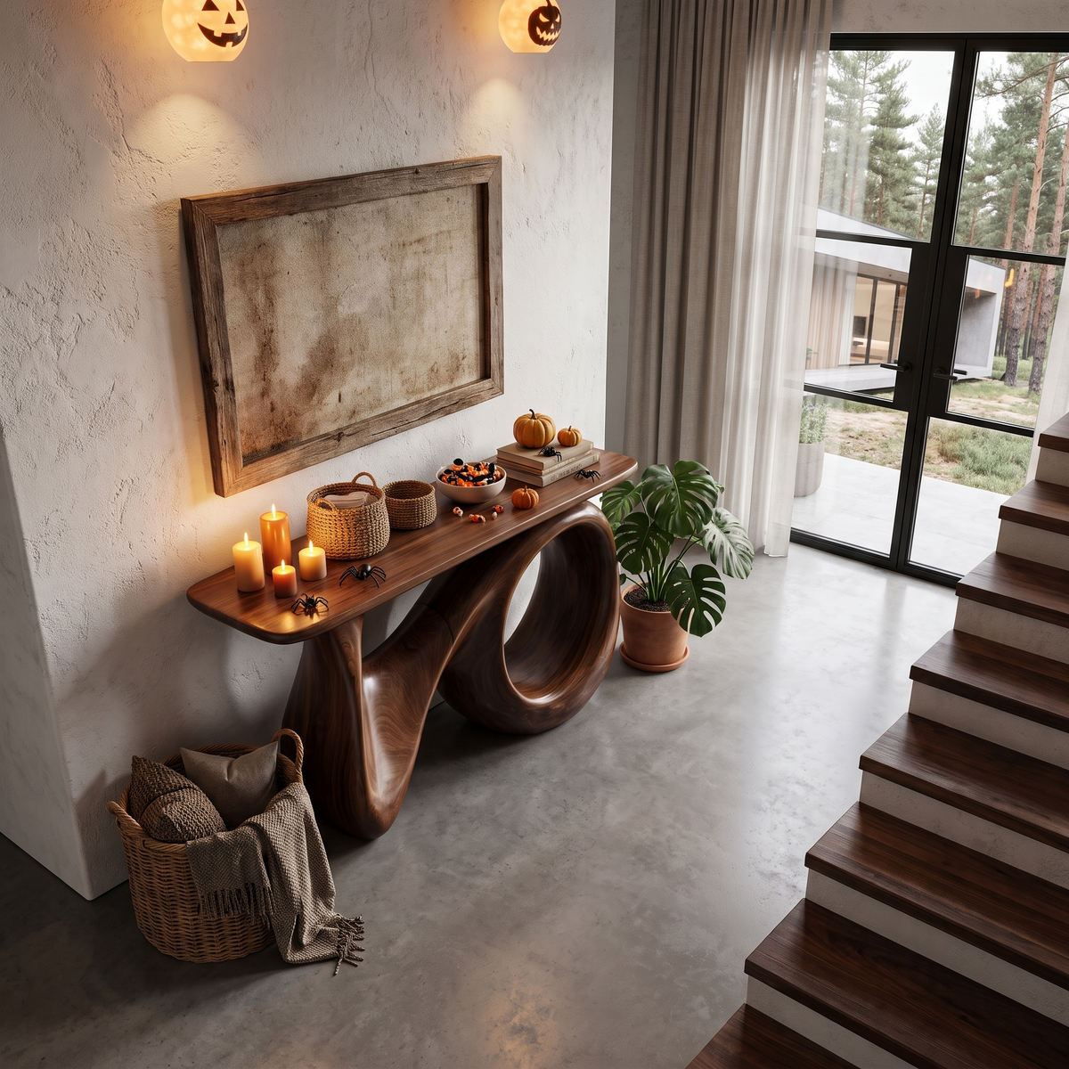 Natural Halloween Hallway Table With Carved Gothic Arch Frame For Foyer