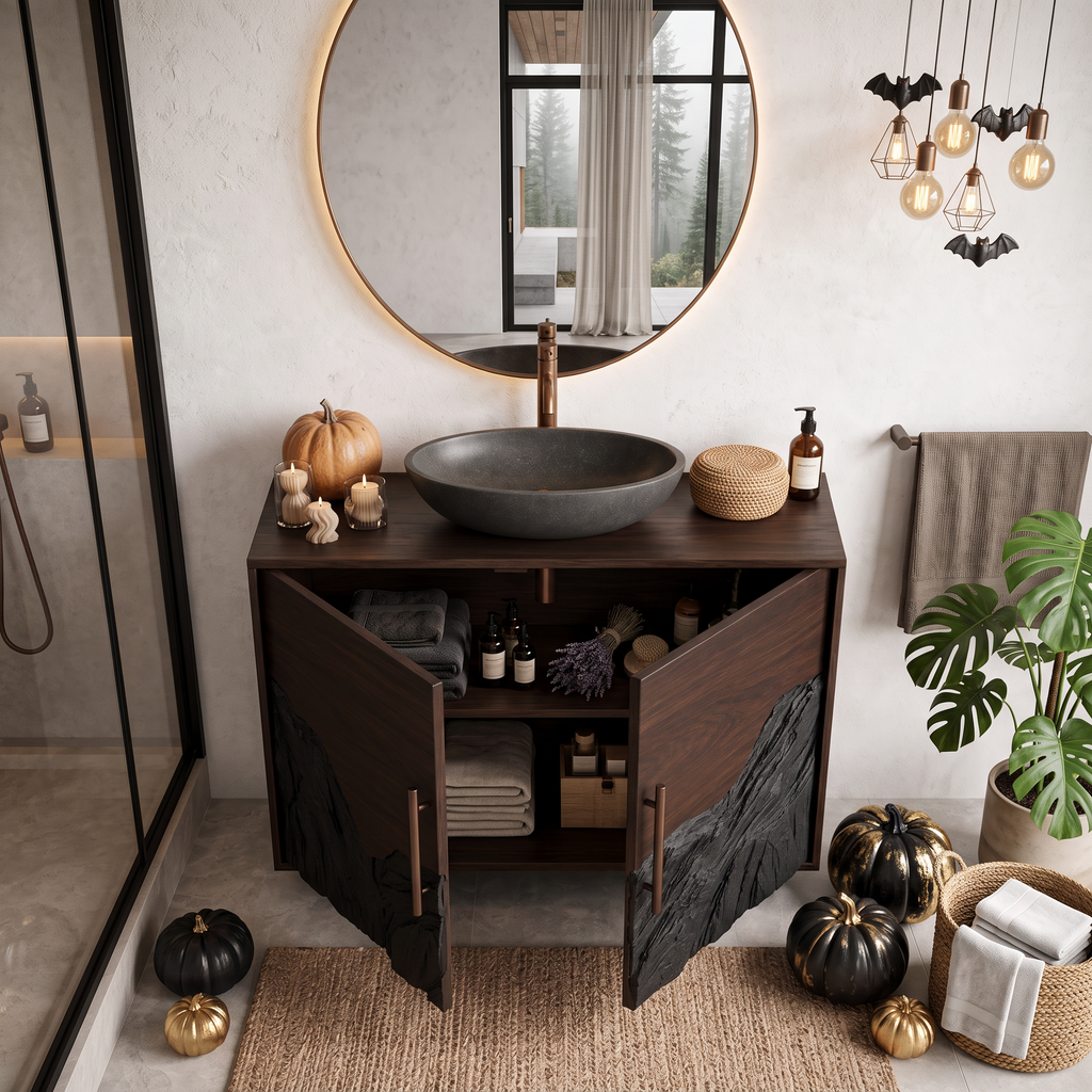 Rustic Halloween Bathroom Vanity Cabinet With Haunted Mountain Design For Bathroom