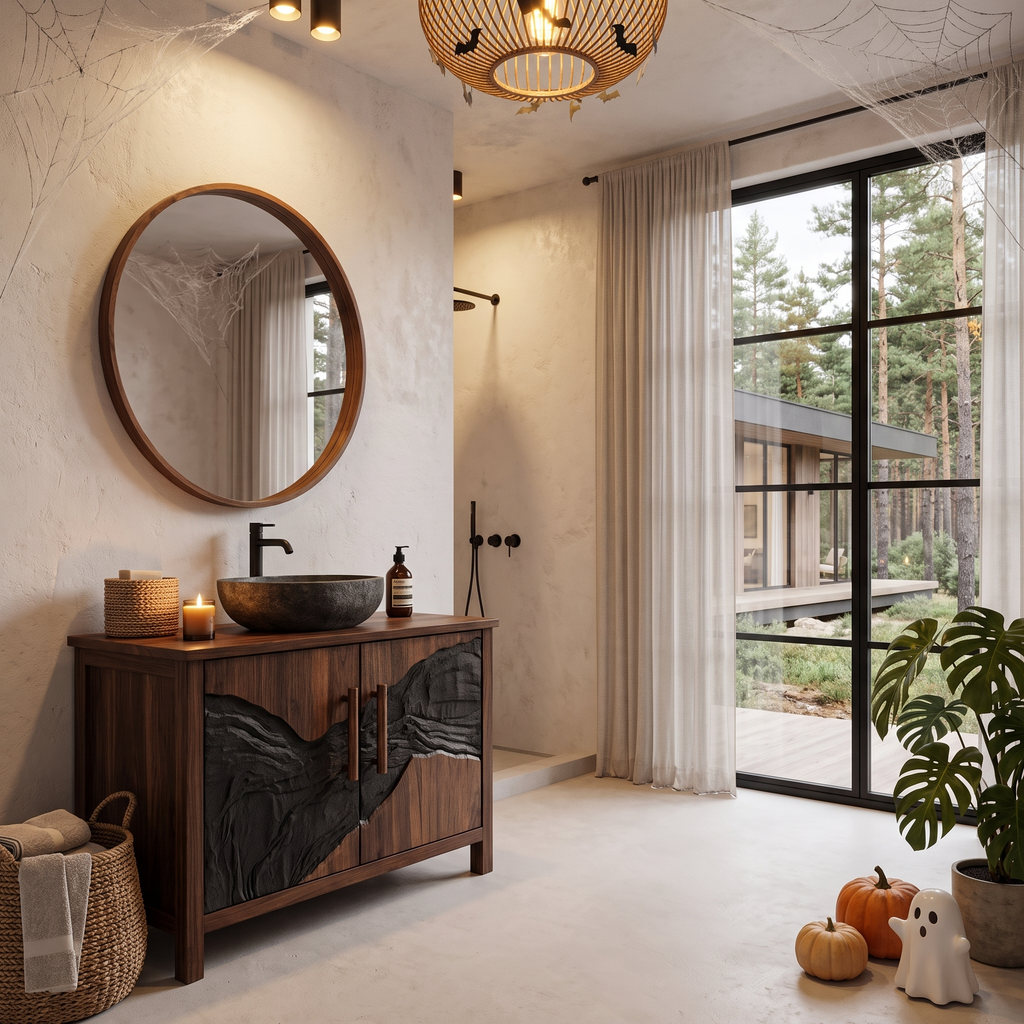 Modern Halloween Vessel Sink Vanity With Dark Mountain Relief For Bathroom