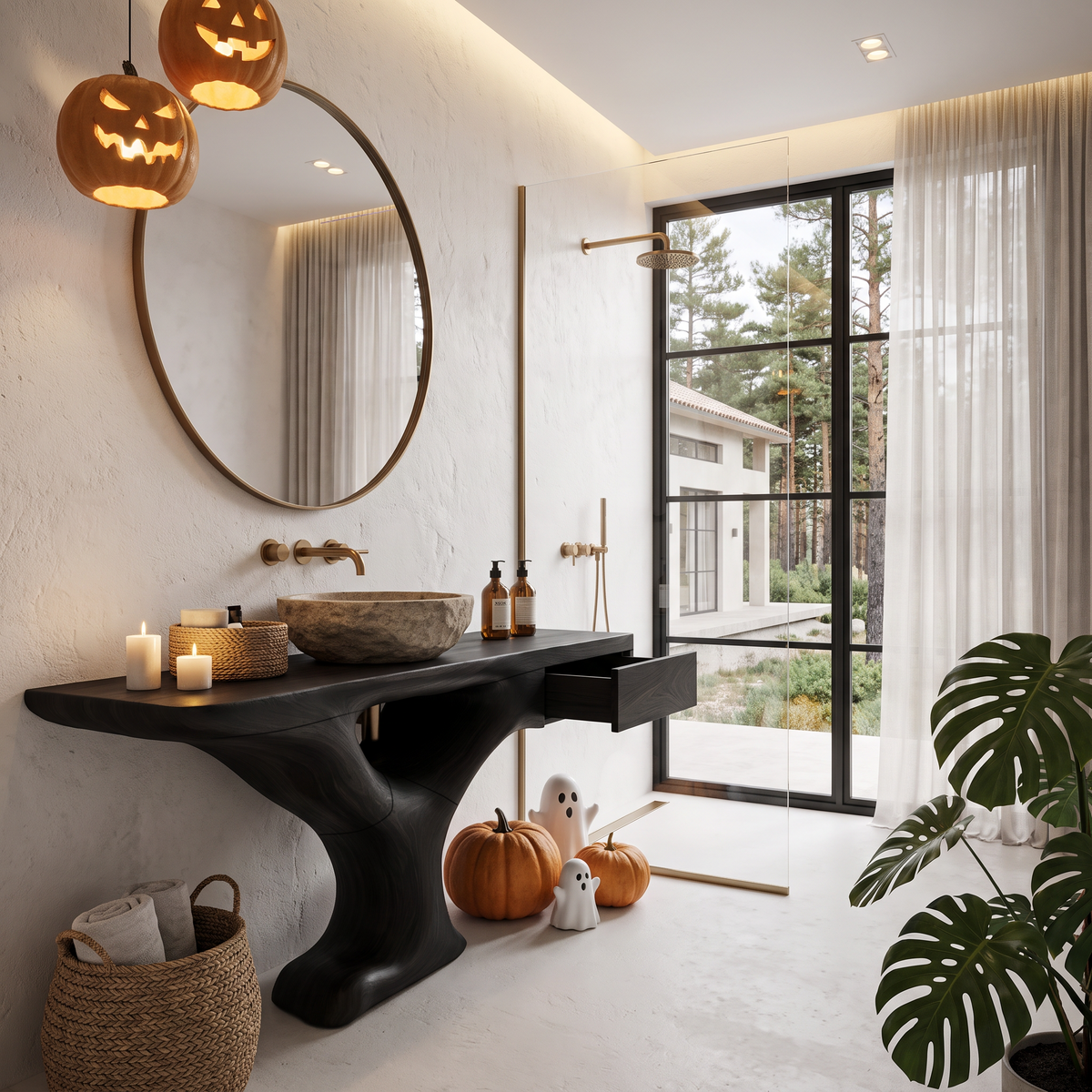 Rustic Halloween Vessel Sink Vanity With Sculptural Tree Frame For Bathroom