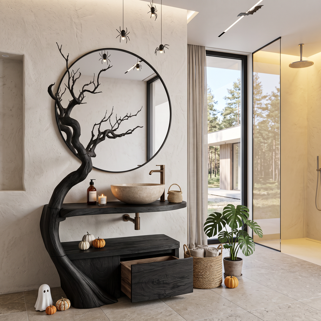 Gothic Halloween Bathroom Vanity With Haunted Tree Branch Design For Bathroom
