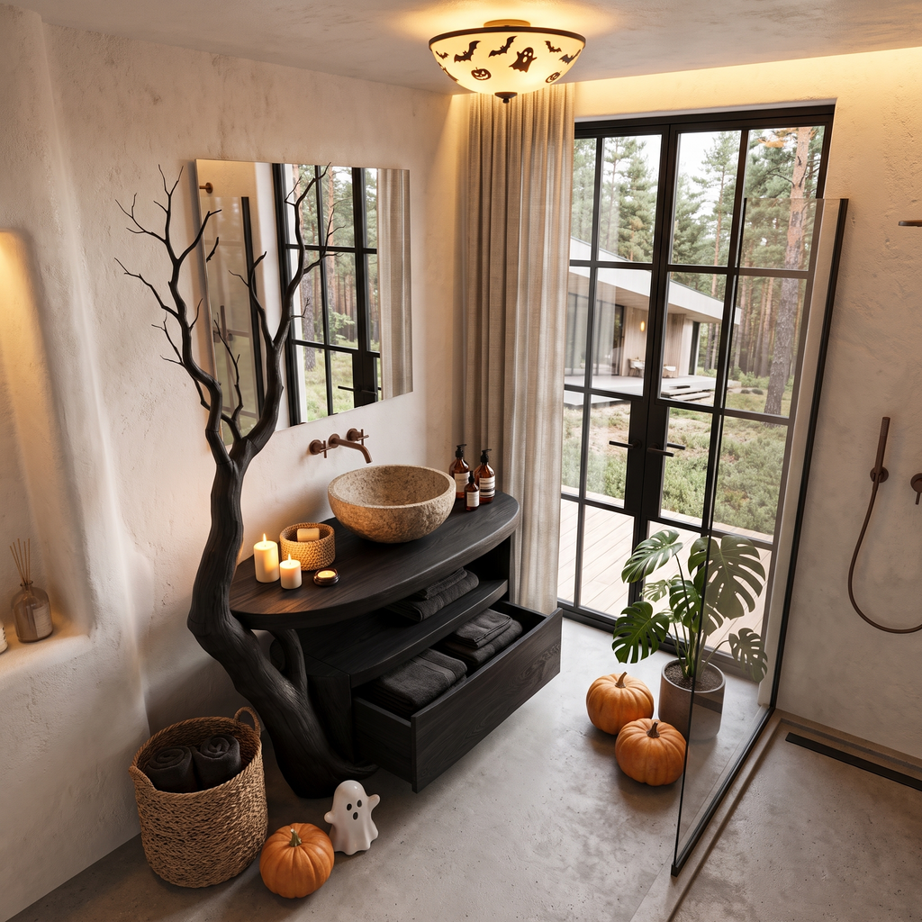 Natural Halloween Tree Bathroom Vanity With Open Shelf Storage For Bathroom